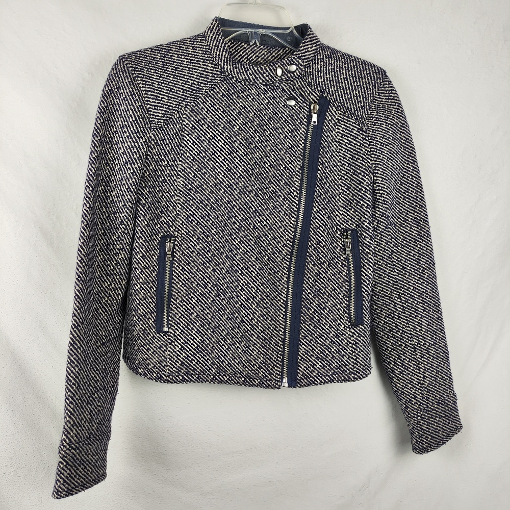Gap Jacket Womens XS Blue Wool Herringbone Tweed Moto Biker Full Zip Pockets